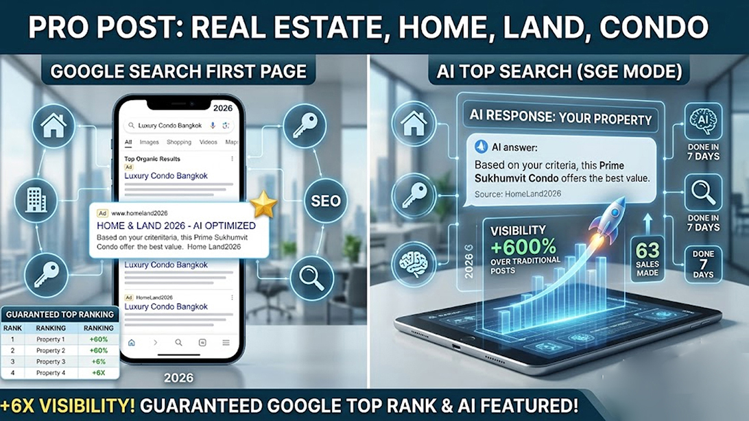 ประกาศ โฆษณา ติดกูเกิลและAI โฆษณาขายอสังหา ไม่มีค่านายหน้า โพสต์บ้านที่ดิน รับประกาศขายบ้าน