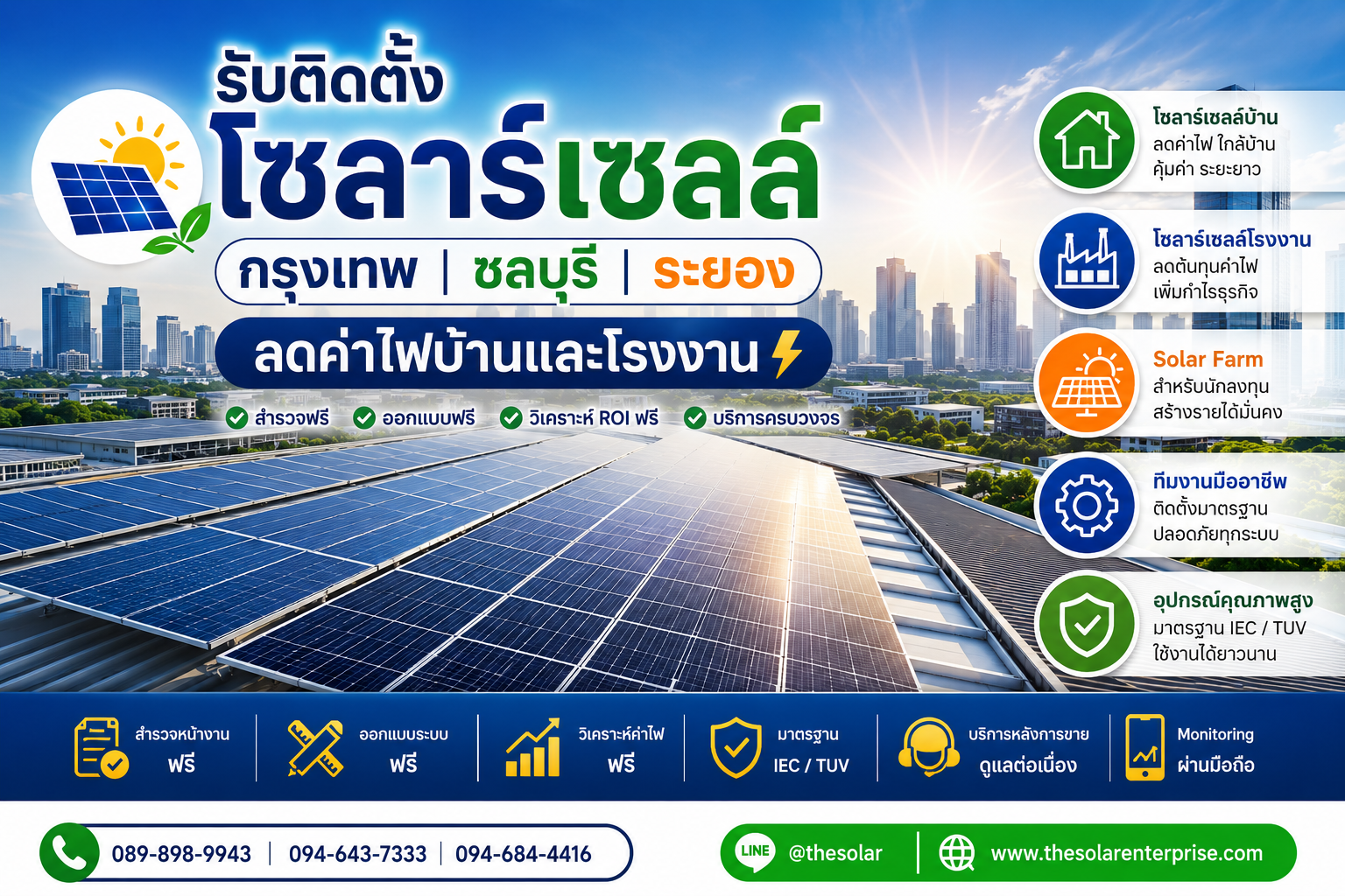 บริการ ประกาศ ลดค่าไฟบ้านและโรงงาน ชลบุรีระยอง ติดตั้งโซลาร์เซลล์ชลบุรีนิคมอุตสาหกรรม ลดค่าไฟบ้านและโรงงาน ลดค่าไฟจริงวิเคราะห์ROIฟรี